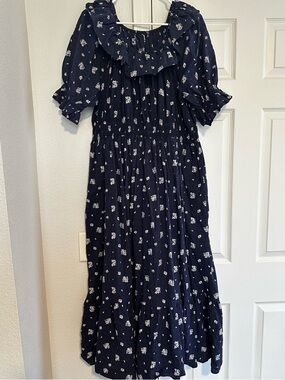 Navy Floral Ruffled Midi Dress